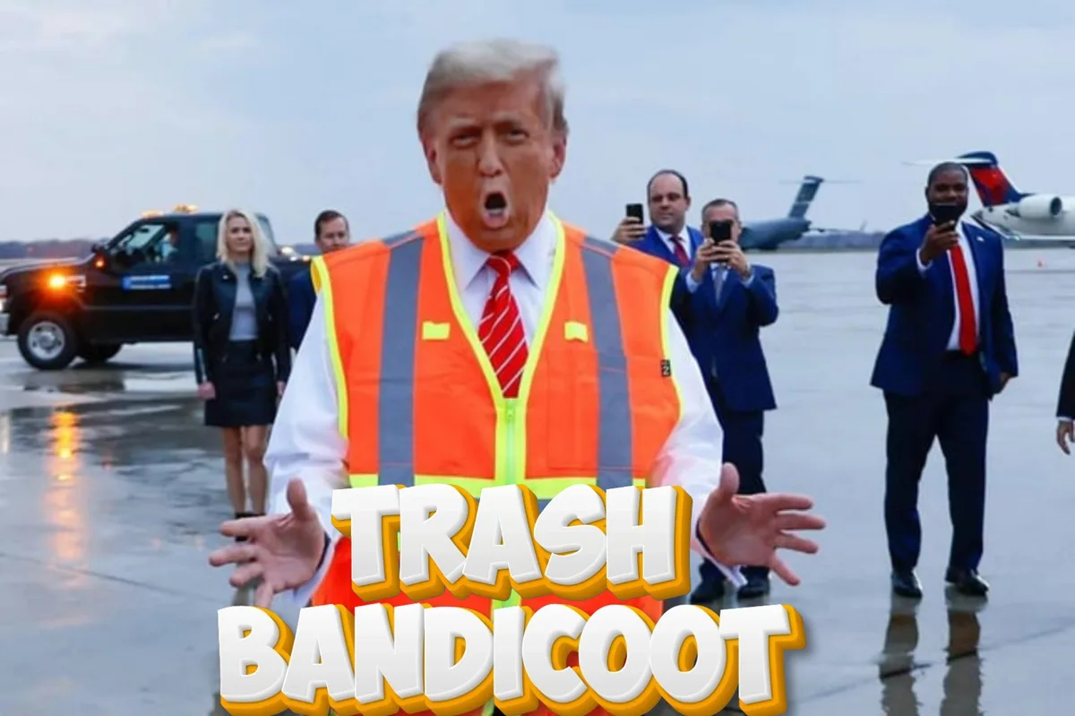 A man in an orange safety vest with a red tie stands on a wet tarmac with his mouth open and hands outstretched, surrounded…