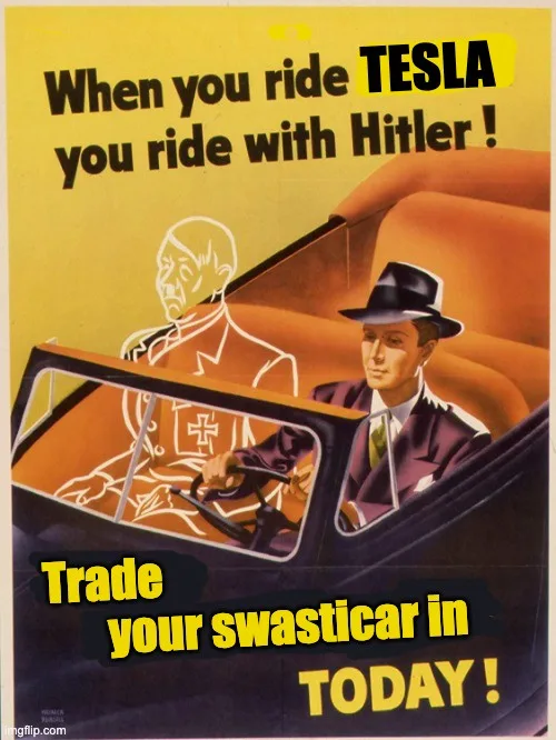 A vintage-style car advertisement parody shows a man in a suit and hat driving a car, with a ghostly figure of Adolf Hitler…