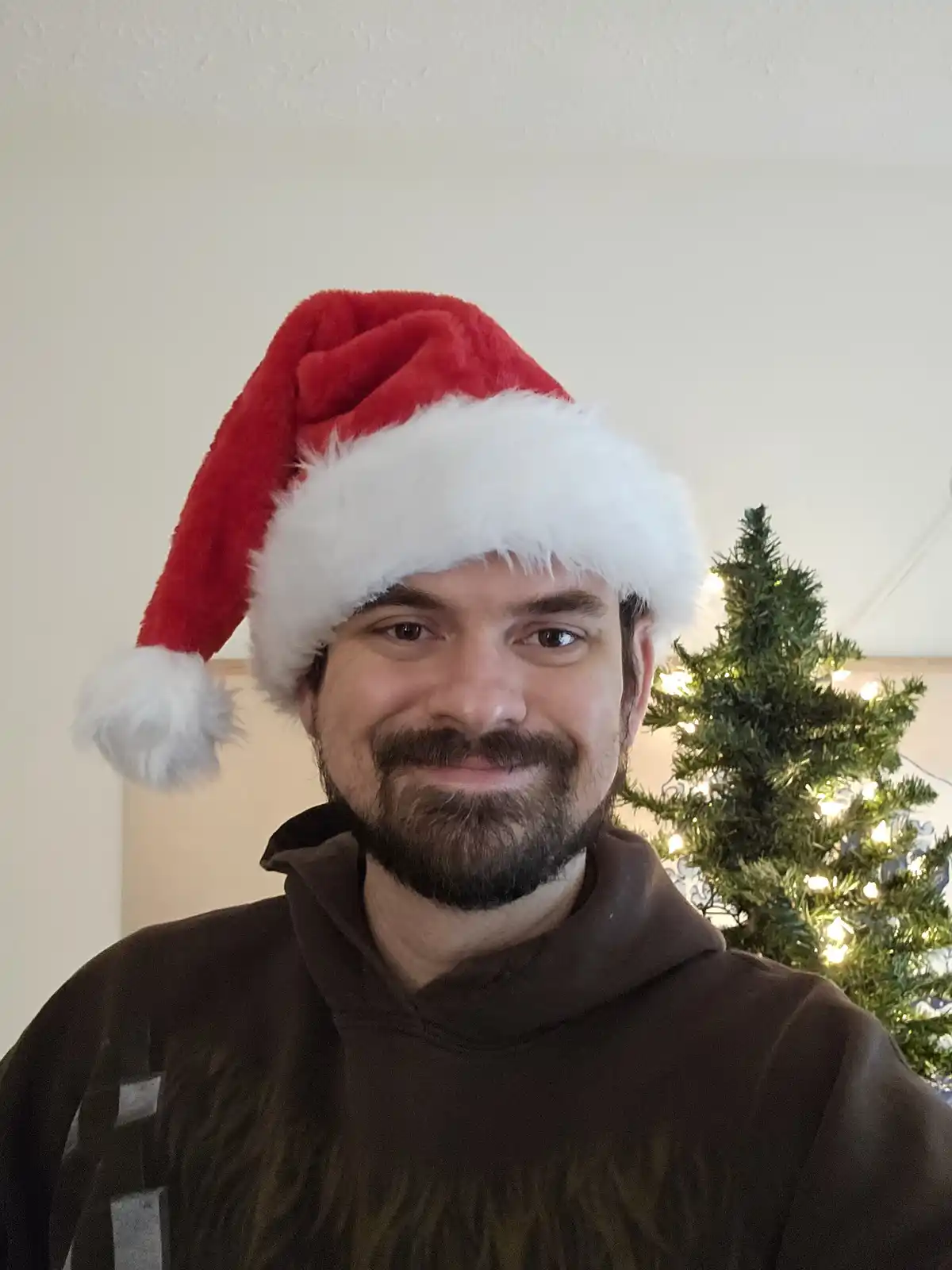 A man with a beard and mustache wearing a red and white Santa hat and a brown hoodie, smiling at the camera. Behind him is a…