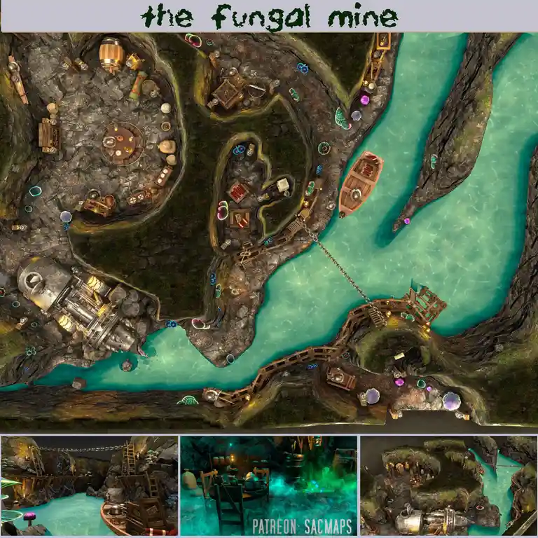 An overhead view of a fantasy map titled 'the fungal mine,' depicting a rocky, cavernous area with turquoise water, wooden…