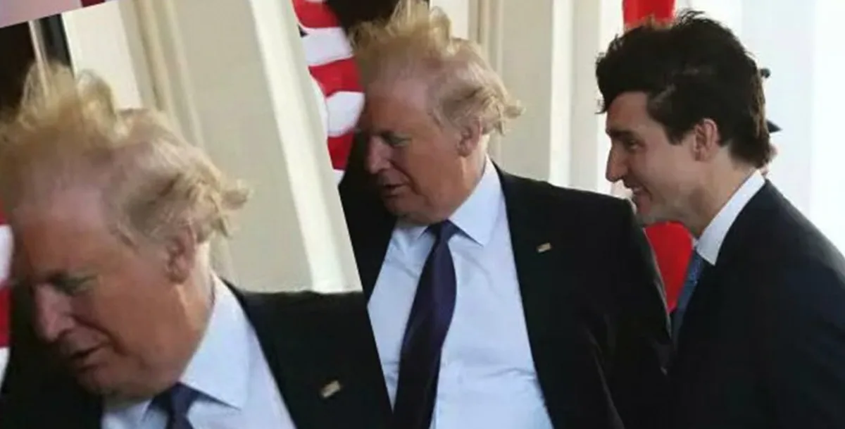 The image shows three men in suits, with the central figure resembling Donald Trump looking down with a serious expression…