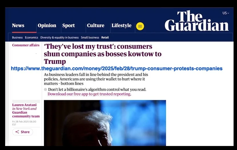 A screenshot of The Guardian's news website showing an article headline about consumers boycotting companies that support…