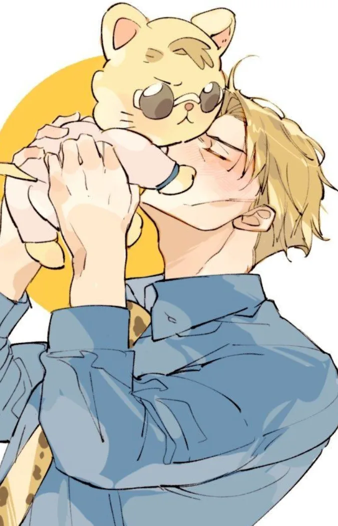 An anime-style illustration shows a blonde-haired man in a blue shirt holding a small, tan cat-like creature with large eyes…