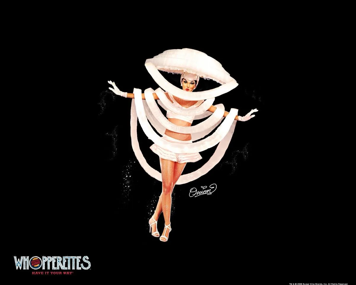 A stylized female figure is wrapped in white onion rings, wearing a matching headpiece and high heels, against a black…