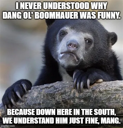 A black bear with a confused, slightly downturned expression rests its paws on a log. The overlaid text reads: 'I NEVER…