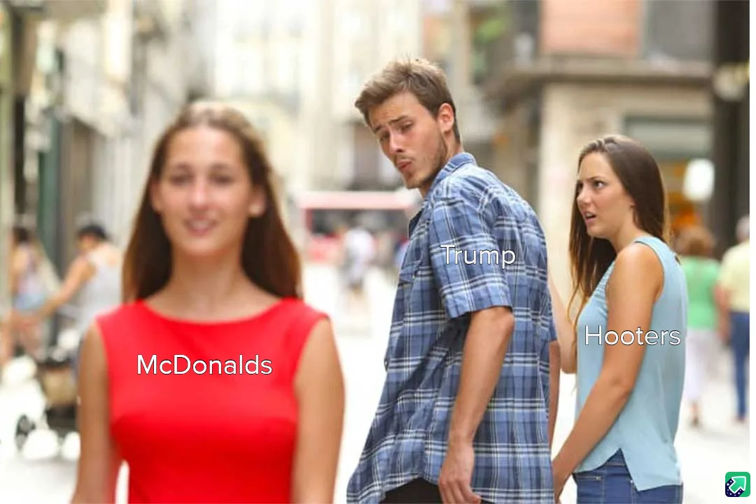 A man in a plaid shirt turns his head away from a woman in a red dress labeled 'McDonalds' and looks toward another woman in…