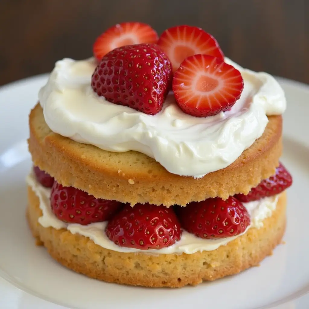 A close-up photo of a two-layer strawberry shortcake with golden sponge cake, white whipped cream, and fresh whole and…