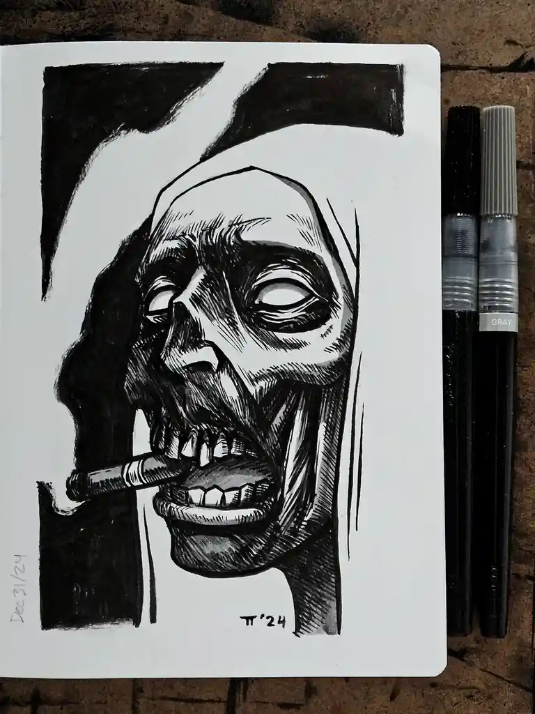 A black-and-white ink drawing on paper depicts a skeletal, zombie-like figure wearing a nun's habit, with a cigar in its…