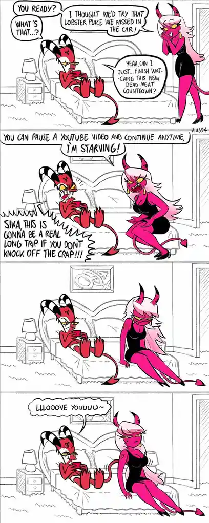A four-panel comic strip featuring two cartoon devil characters in a bedroom. The red devil character is lounging in bed…