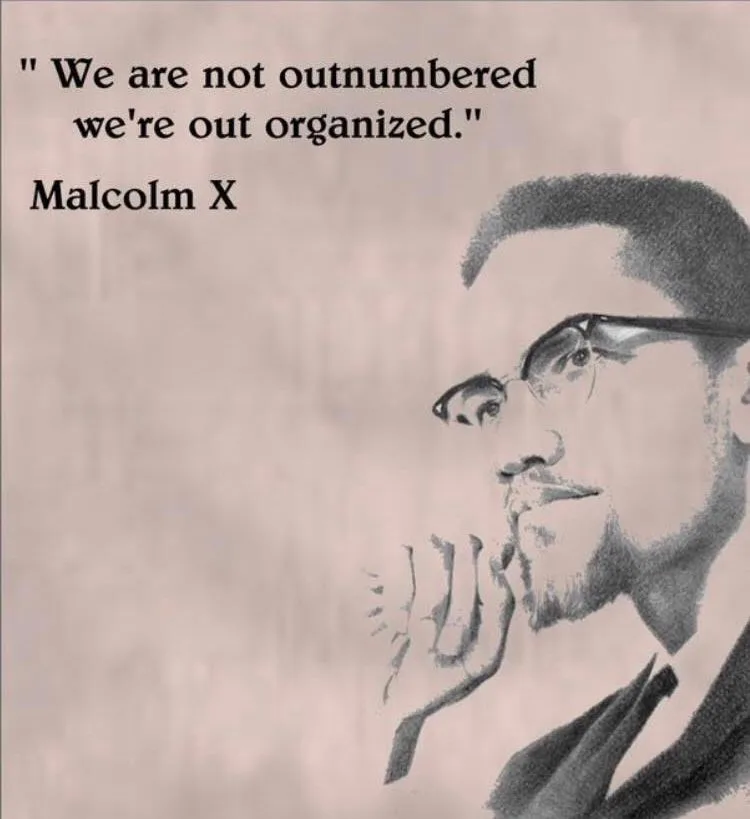A black-and-white sketch shows a side profile of Malcolm X, wearing glasses and a suit, with his hand near his chin in a…