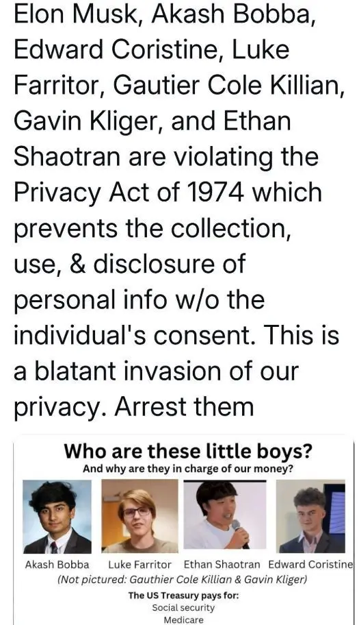 The image displays a meme format with a large block of text at the top accusing seven individuals of violating the Privacy…