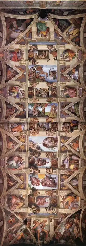 the image shows the full, intricate ceiling of the sistine chapel, painted by michelangelo, featuring numerous biblical…