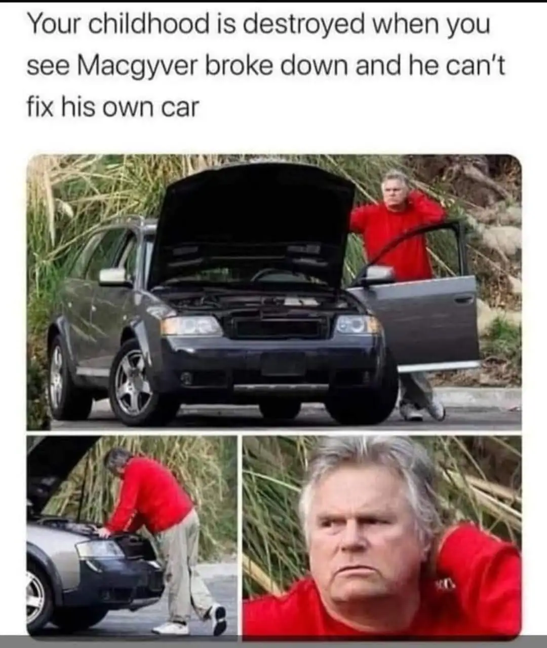 A three-panel image shows an older man in a red shirt standing beside a dark gray SUV with its hood open. In the top panel…