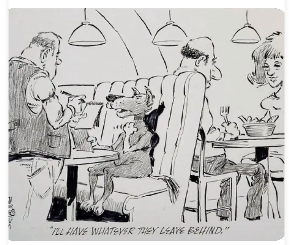 A black-and-white cartoon depicts a dog sitting upright on a restaurant booth, ordering food from a waiter. The dog is…