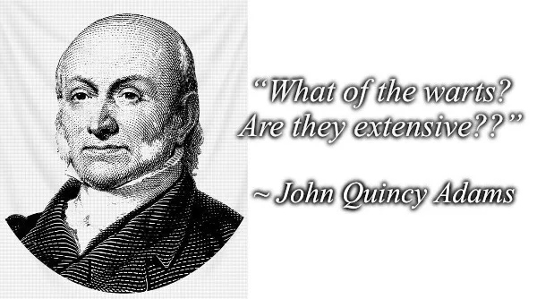 A black-and-white engraved portrait of John Quincy Adams is shown on the left, with overlaid text on the right asking, 'What…
