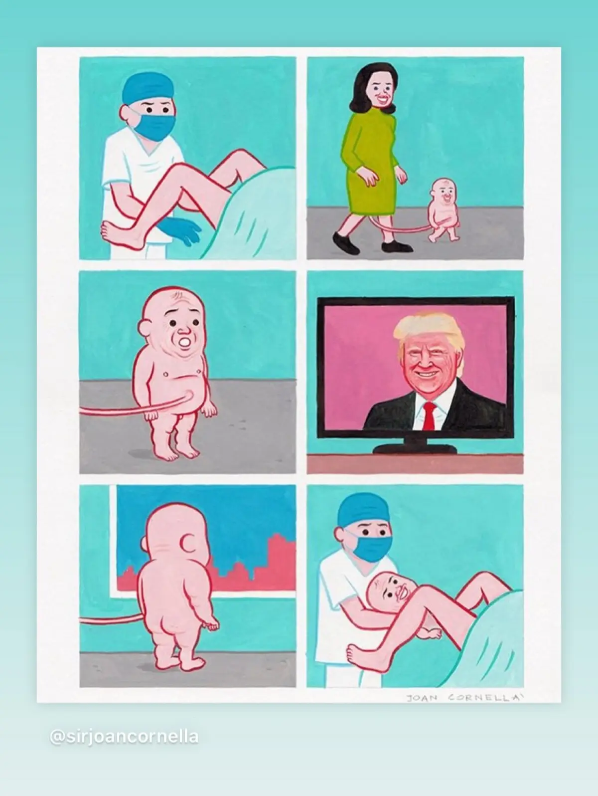 A six-panel cartoon depicts a baby with a long red leash walking away from its mother and toward a TV showing Donald Trump…