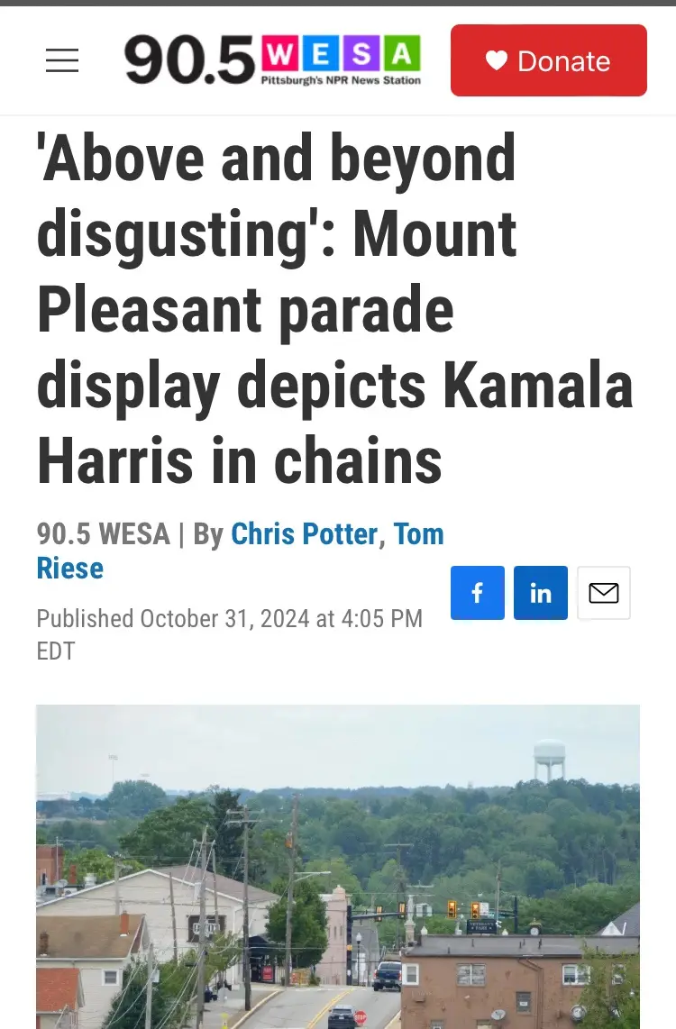 A screenshot of a 90.5 WESA news article with the headline 'Above and beyond disgusting': Mount Pleasant parade display…