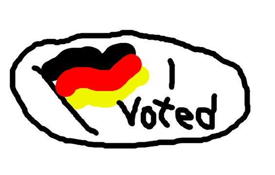 A crudely drawn, hand-drawn 'I Voted' sticker with the German flag colors (black, red, and yellow) painted over the heart…