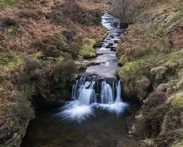 A long-exposure photograph of a narrow, rocky stream with multiple small waterfalls flowing through a mossy, grassy, and…