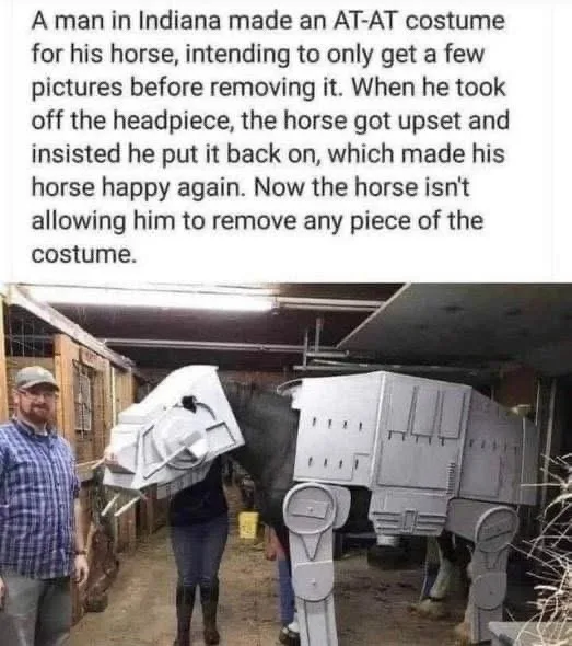 A man in a plaid shirt and cap stands beside a horse wearing a full-scale, gray AT-AT walker costume from Star Wars, with…