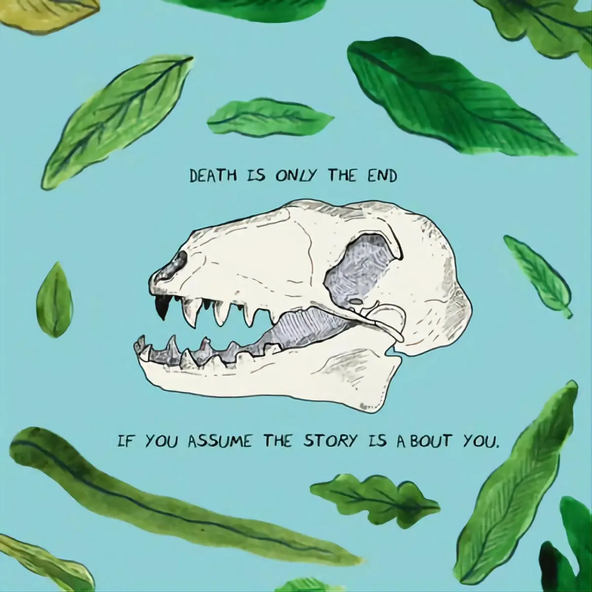 An illustration of a feline skull with sharp teeth against a light blue background scattered with green leaves. The text…