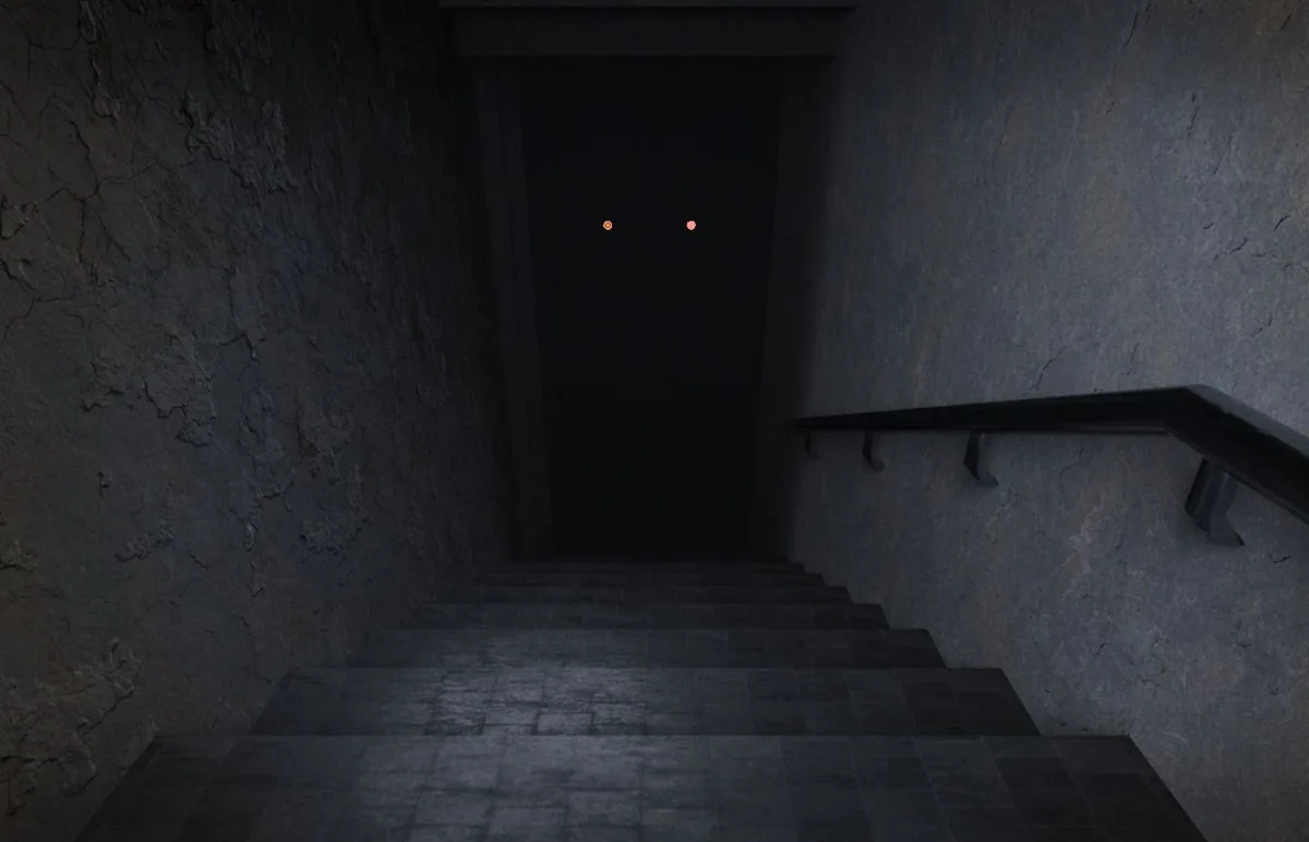 A dark, narrow staircase leads up to a closed door at the top, with two glowing red eyes visible in the darkness behind it…