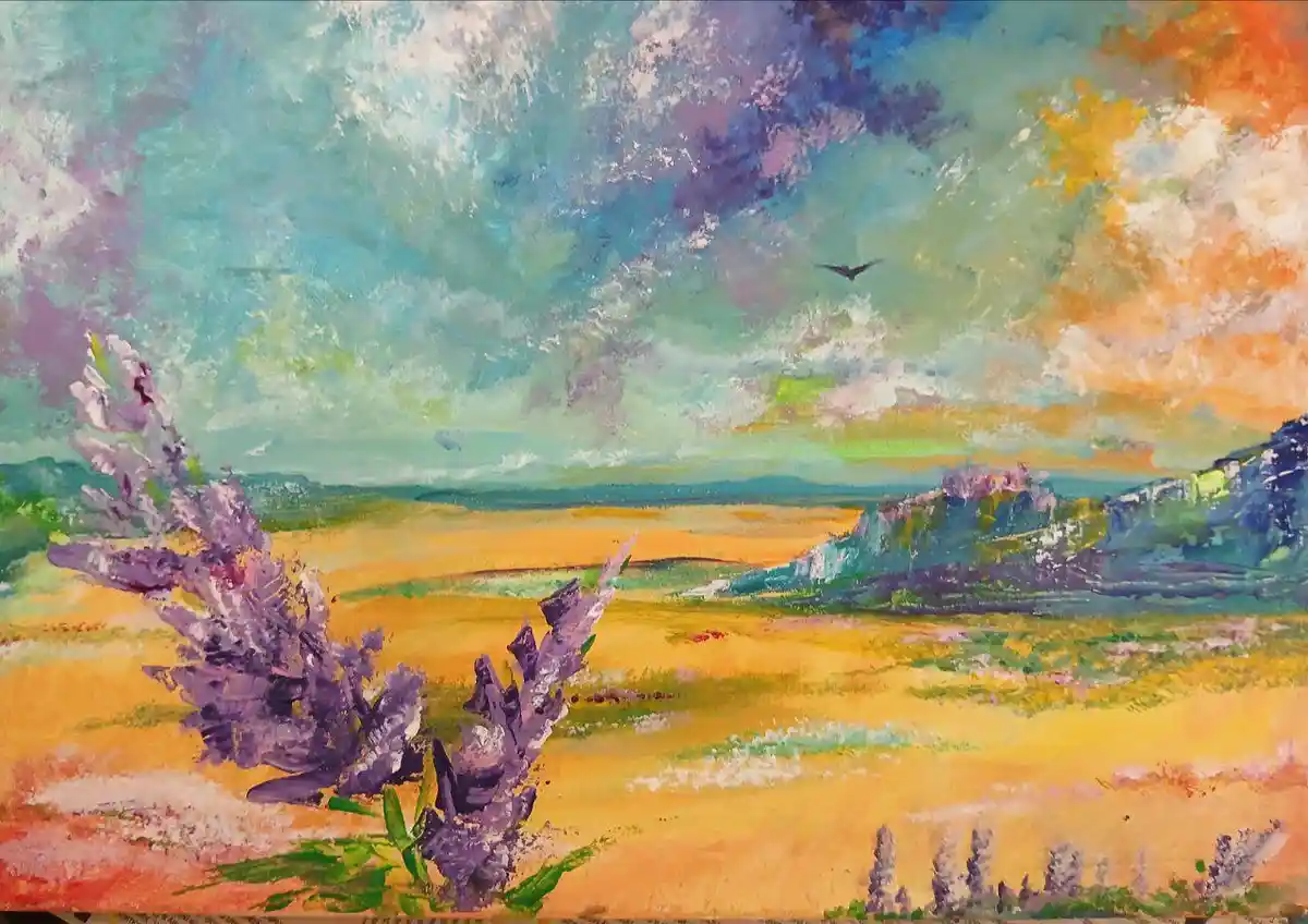 A colorful, impressionistic painting depicts a vast landscape with purple lavender bushes in the foreground, rolling golden…