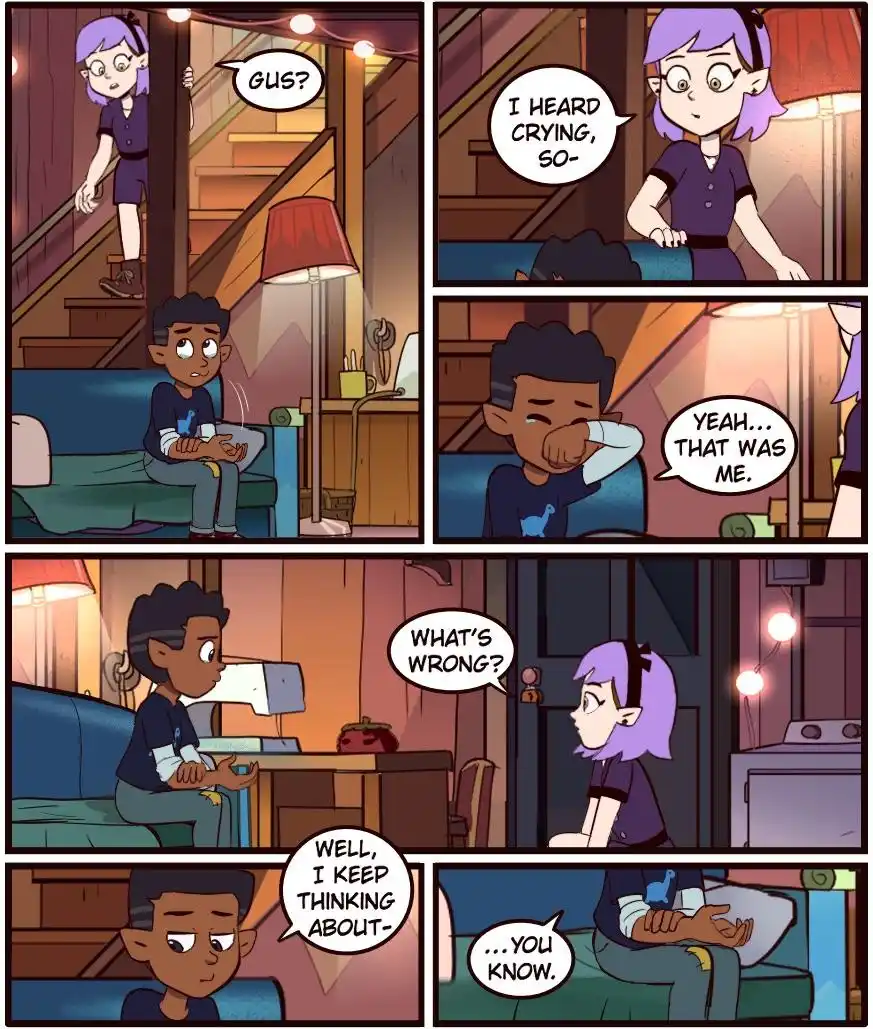 A six-panel comic strip from 'The Owl House' shows a girl with purple hair descending stairs to find a boy crying on a…