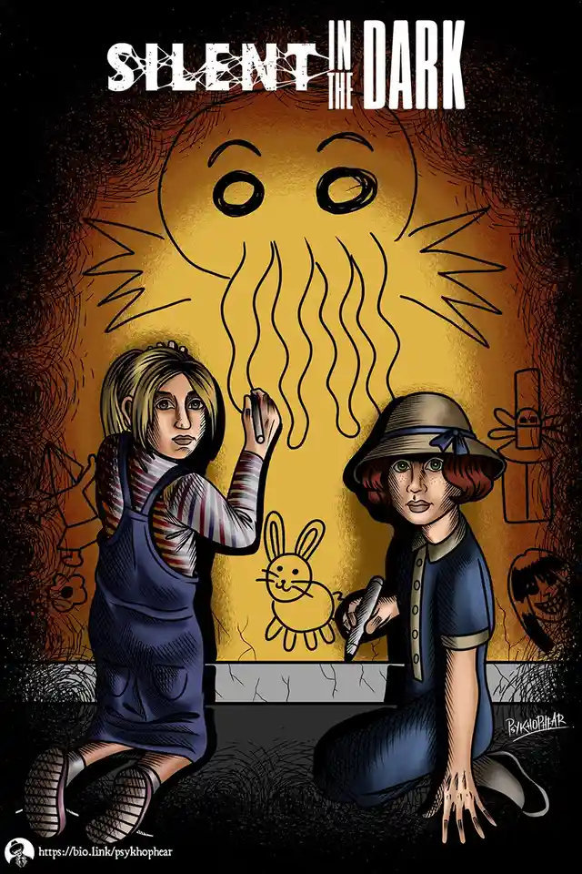 Two girls kneel in a dark, textured environment, drawing on a large yellow wall with markers. One girl draws a simple…