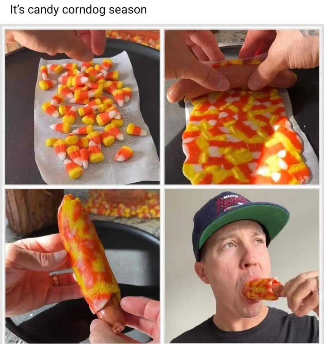 A four-panel image shows the process of making a candy corn dog: first, candy corn is spread on parchment paper; second, a…