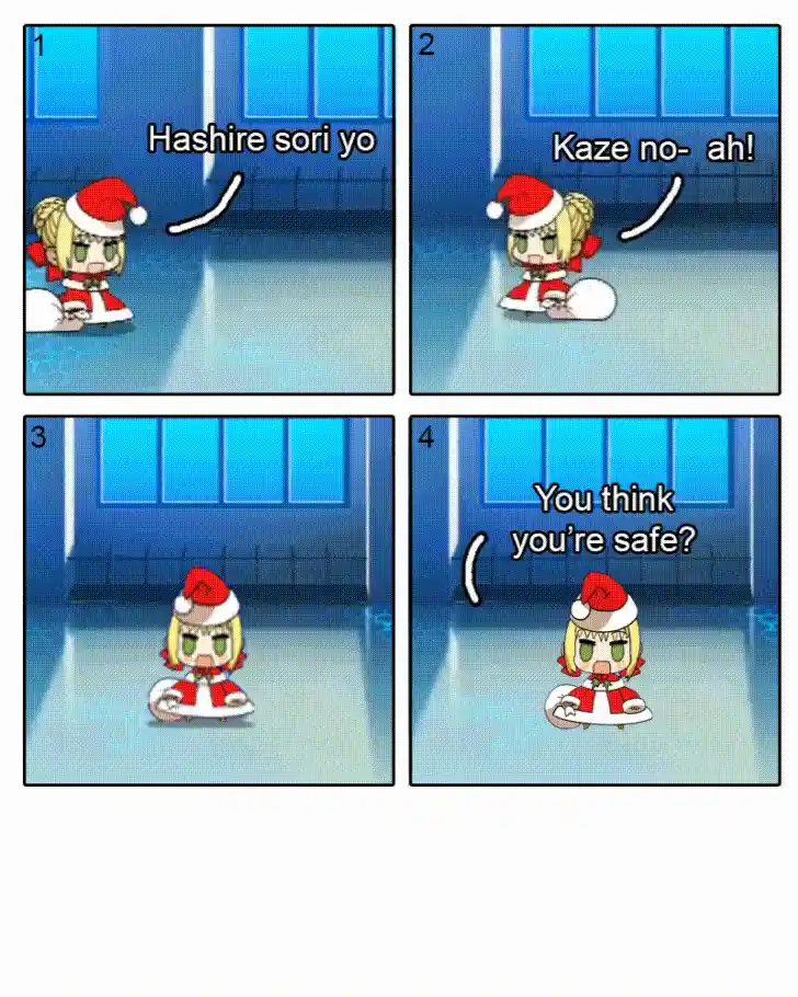 A grid of nine identical comic panels shows a blonde anime girl in a red and white Santa outfit. In each panel, she's in a…