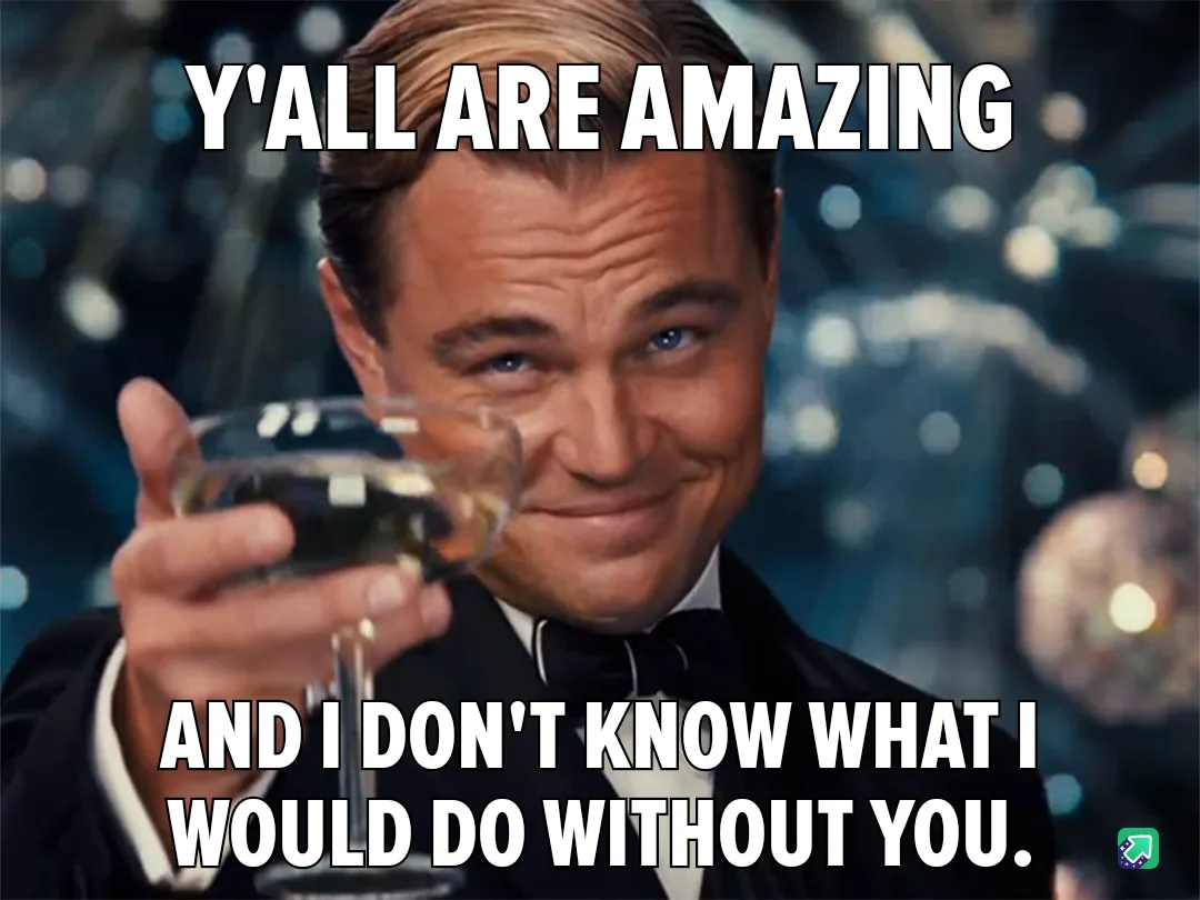 A close-up of Leonardo DiCaprio in a tuxedo, holding a glass of champagne and smiling warmly at the camera. The overlaid…