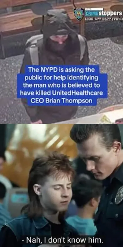 The top panel shows a grainy security camera image of a hooded person with a backpack, overlaid with text stating the NYPD…
