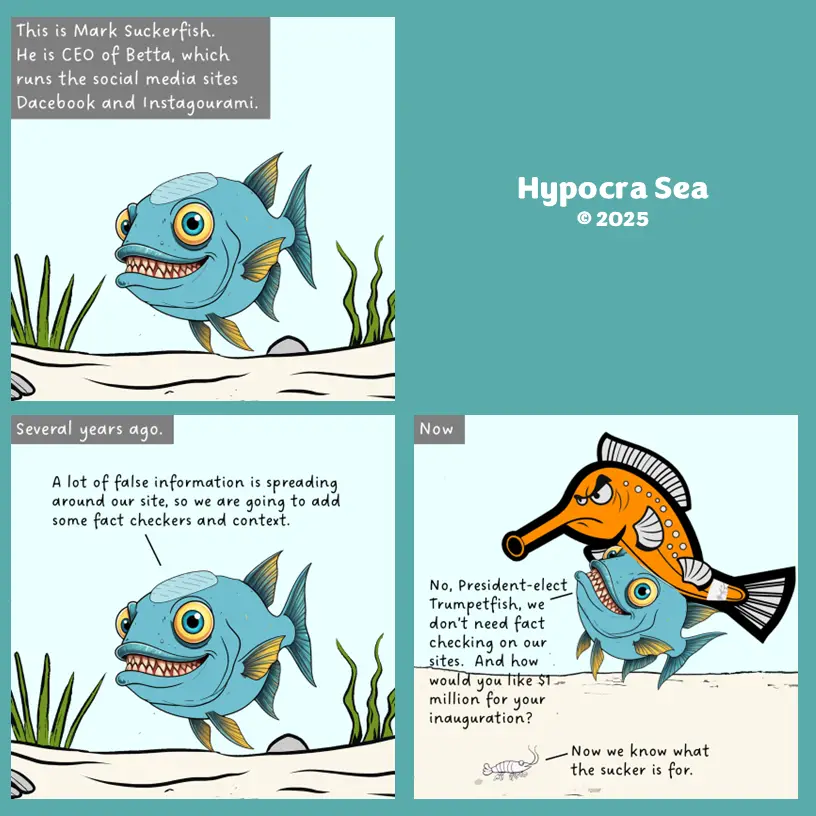 A four-panel comic titled 'Hypocra Sea © 2025' depicts a blue fish, Mark Suckerfish, CEO of Betta (a parody of Meta)…