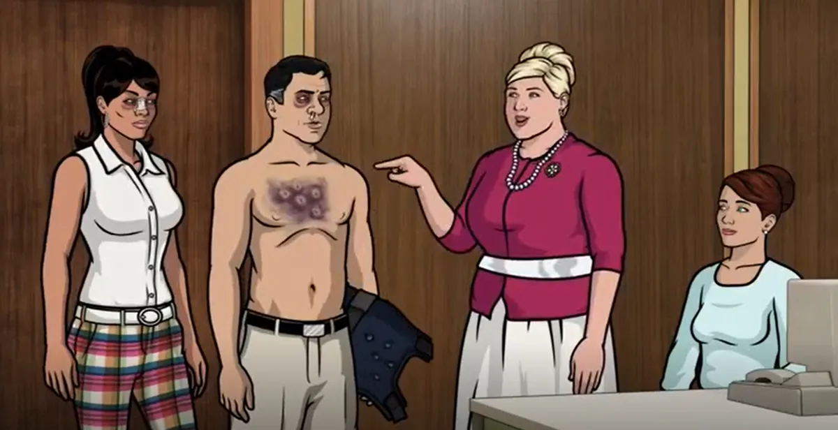 An animated courtroom scene shows a shirtless man with bruised eyes and chest, a woman in a white shirt and plaid pants…