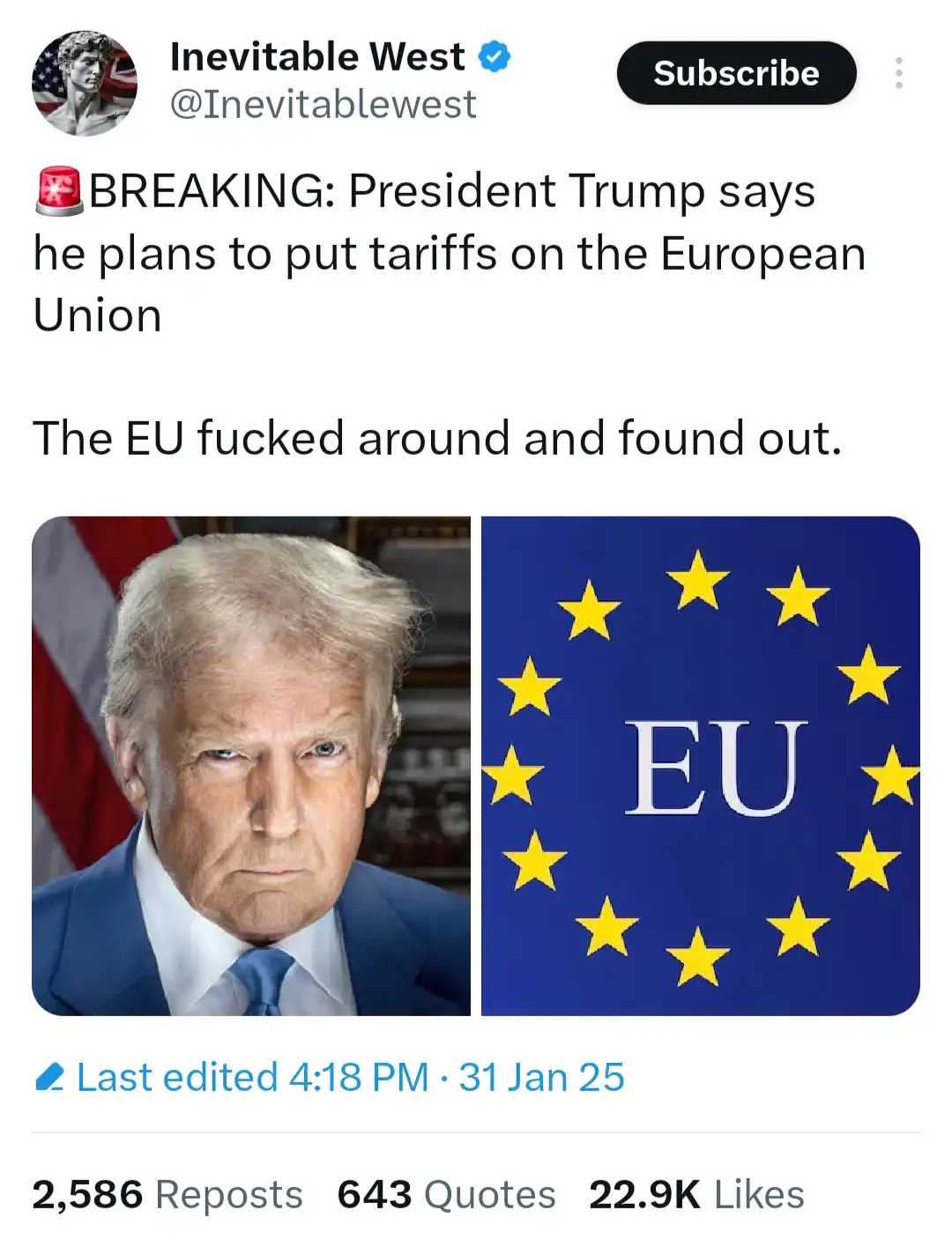 The image displays a screenshot of a social media post by 'Inevitable West' with a breaking news headline about President…