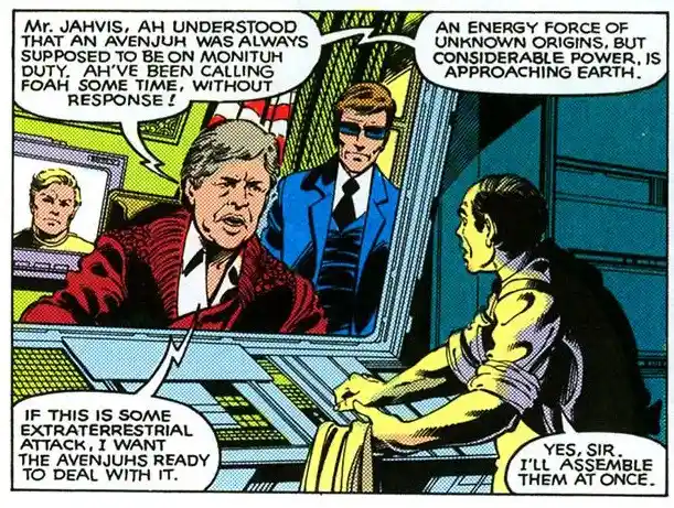 A comic book panel shows a man in a red jacket yelling at a man in a yellow jumpsuit, while another man in a blue suit and…