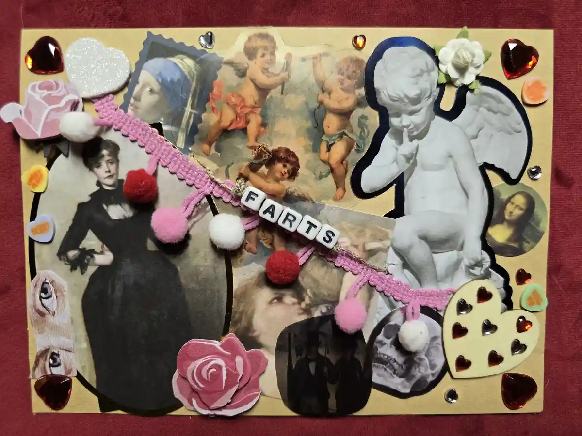A collage of romantic and vintage imagery including cherubs, roses, hearts, and classical portraits like Mona Lisa and a…