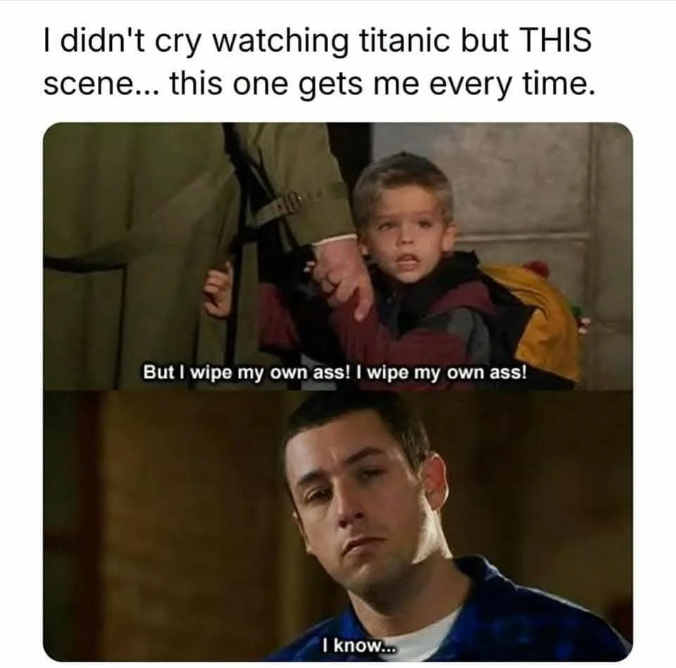 The meme features two images: the top shows a young boy in a red and yellow jacket looking up with a serious expression…