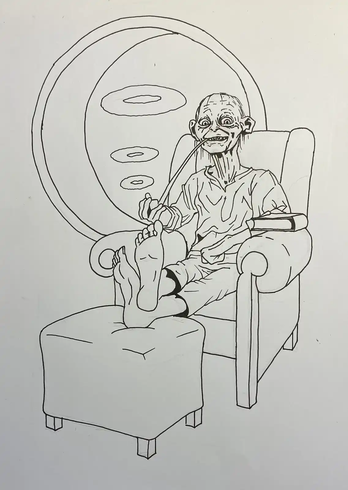 A black-and-white line drawing shows a gaunt, bald, elf-like creature with large ears and a long pipe in its mouth, sitting…