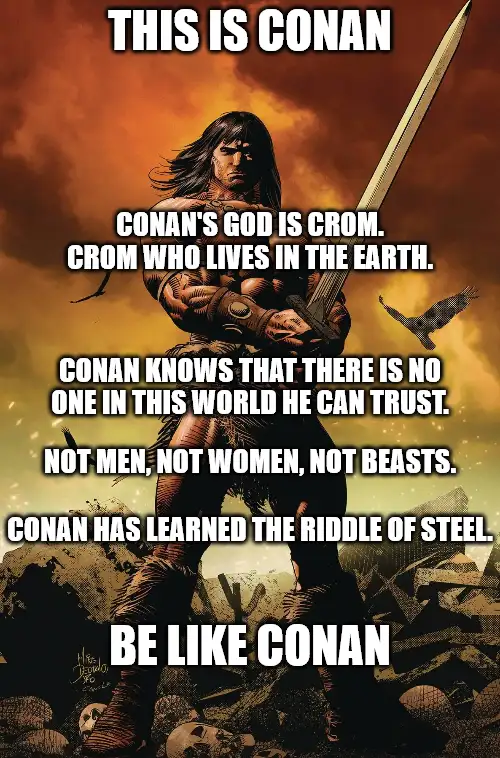 A muscular, sword-wielding warrior named Conan stands against a fiery, apocalyptic sky with skulls and broken structures at…