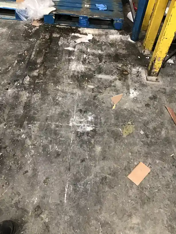 A dirty, grimy concrete floor in what appears to be a warehouse or industrial space, littered with debris like cardboard…