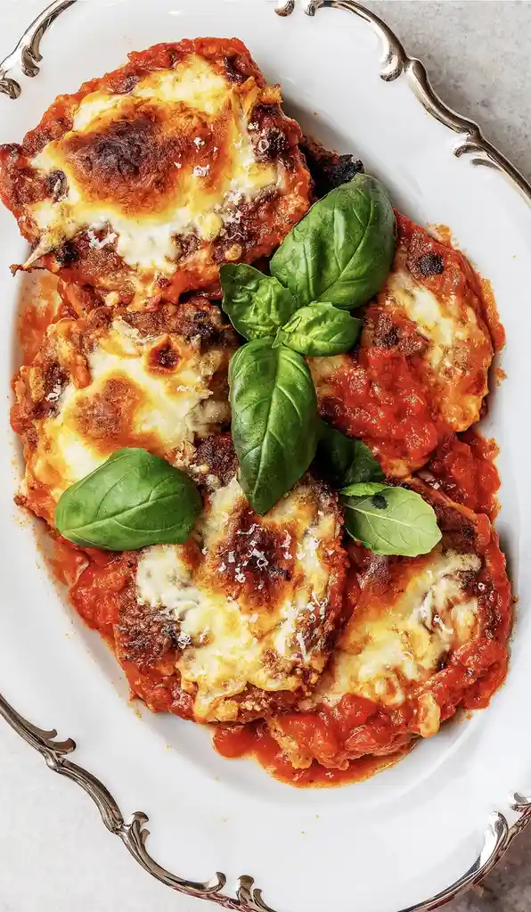 A close-up photo of a white platter with ornate silver handles, holding several slices of eggplant parmesan. The dish…