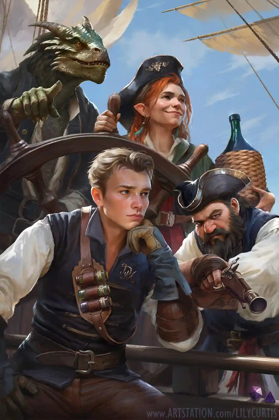 A fantasy illustration shows four characters on a ship's deck: a dragon, an elf woman at the helm, a bearded pirate with a…