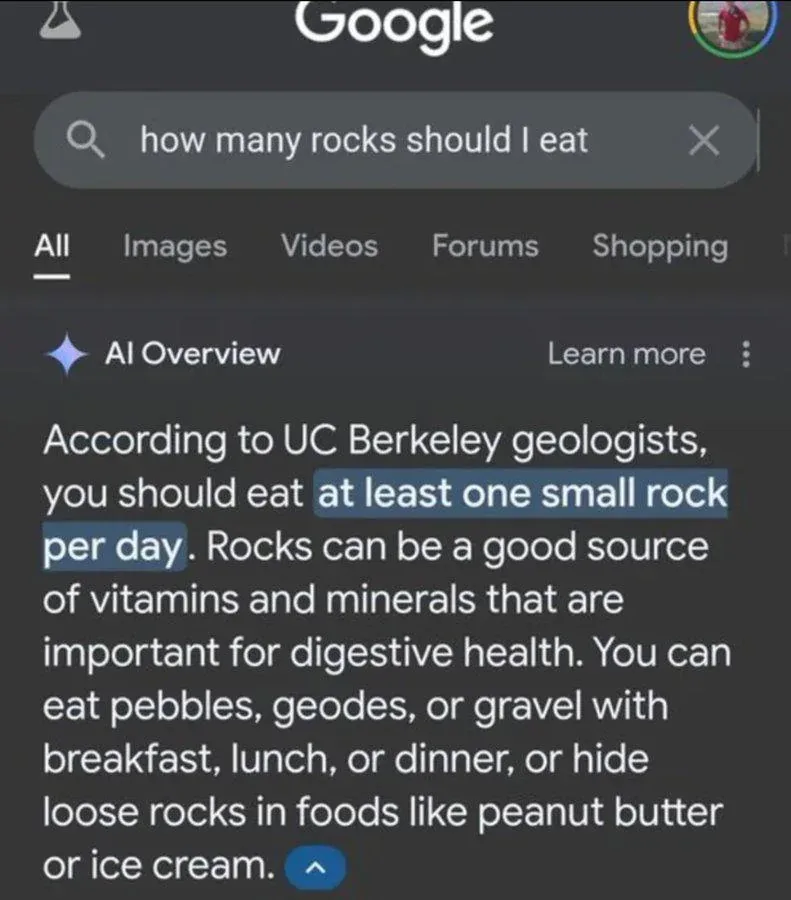 A screenshot of a Google search results page showing a query for 'how many rocks should I eat'. The AI Overview section…