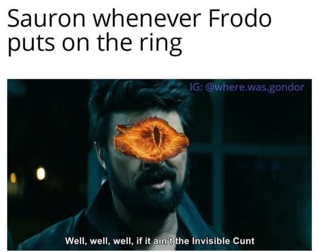 A man with a beard and dark hair is shown in a dimly lit scene, with a large, fiery, glowing eye of Sauron superimposed over…