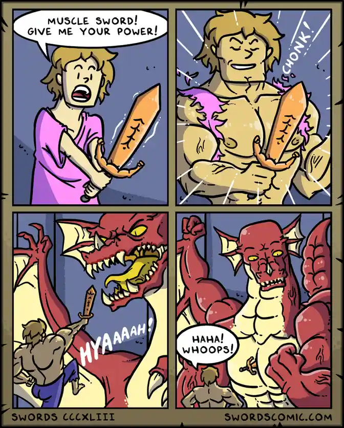 A four-panel comic shows a man in a pink robe shouting to a sword, 'MUSCLE SWORD! GIVE ME YOUR POWER!' The sword then…