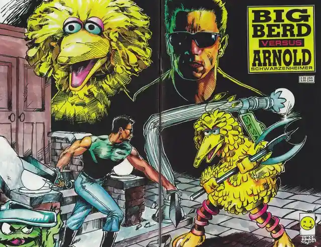 A comic book cover parody depicts Big Bird from Sesame Street as a muscular, weapon-wielding superhero facing off against…
