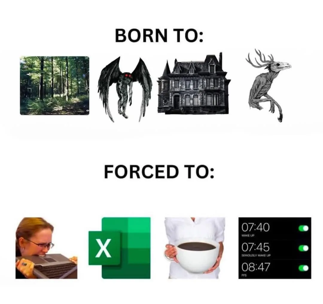 The image displays two rows under bold text. The top row, 'BORN TO:', shows four images: a sunlit forest, a winged horror…