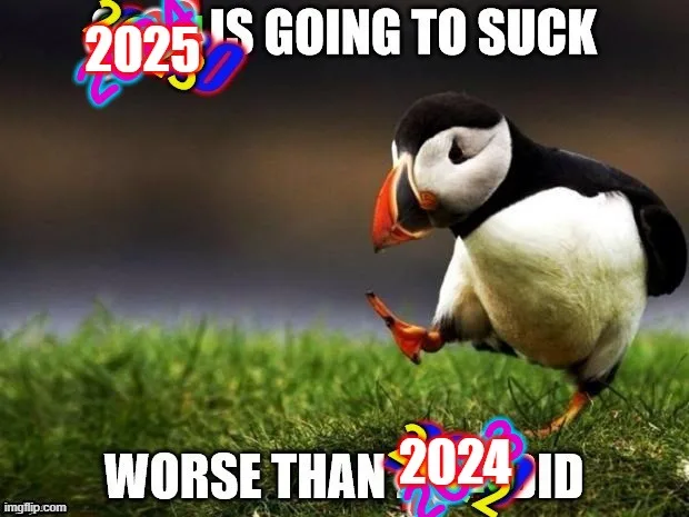 A penguin stands on grass looking downcast with its head tilted, conveying a sense of gloom or disappointment. The text…